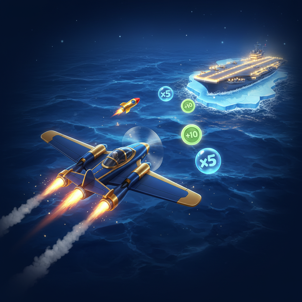 Aviamasters 2 crash game: plane flying over the ocean collecting rocket boosters, number tokens and multiplier power-ups on the way to landing on a ship
